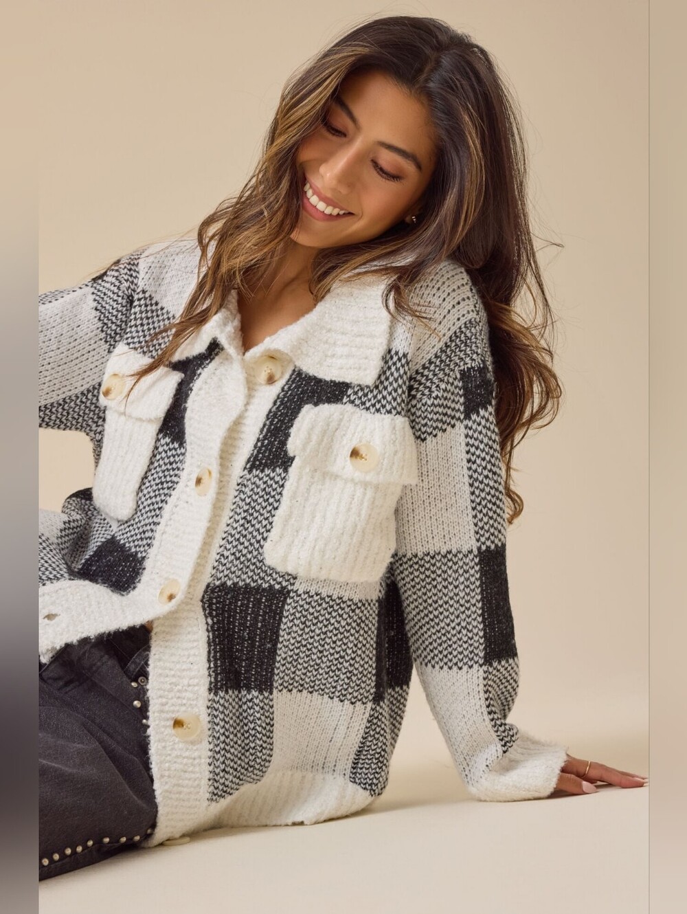 Altar'd State Irina Plaid Cozy Black White Check Sweater Button Cardigan M/L
